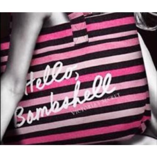 New~Victoria&#039;s Secret VS &#034;Hello, Bombshell&#034; tote Beach Bag Black Pink Striped #3 image