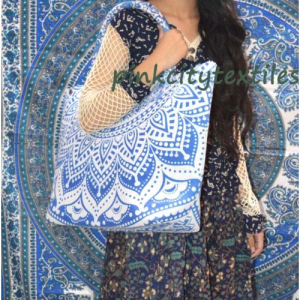 Indian Handmade Mandala Shopping Purse Cotton Beach Bag Large Tote Blue Ombre #2 image