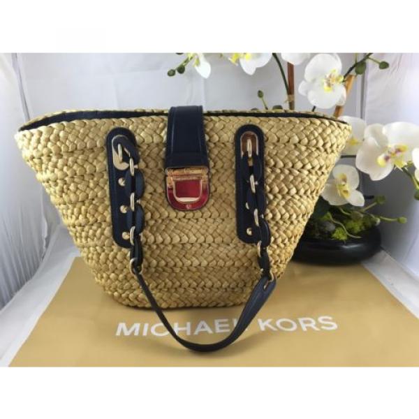 NWT Authentic MICHAEL KORS SANTORINI Large Straw Pool Beach Summer Bag NAVY BLUE #2 image