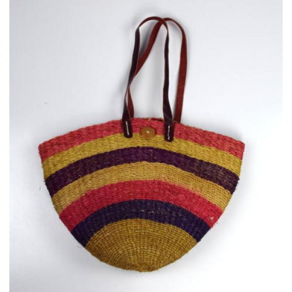 Vtg Leather Multi Color Straw Woven Basket Bucket Beach Shoulder Bag Purse Sack #1 image