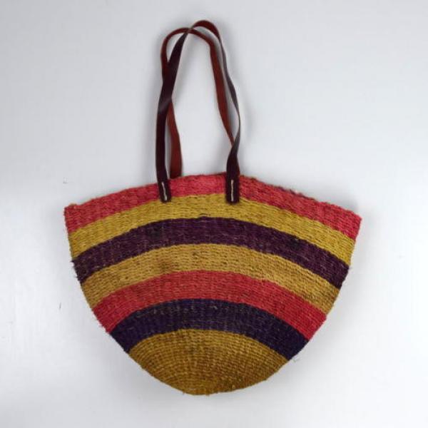 Vtg Leather Multi Color Straw Woven Basket Bucket Beach Shoulder Bag Purse Sack #2 image