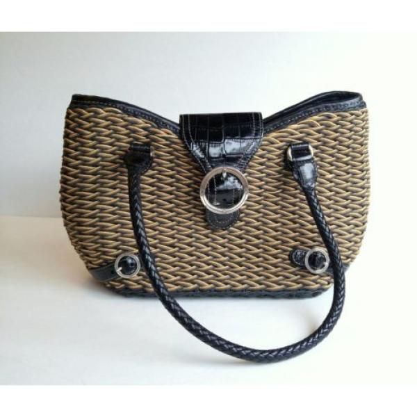 Brighton Bag Black and Tan Jute Straw Leather Designer Travel Beach Purse #2 image