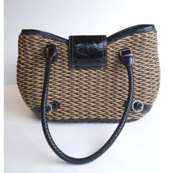 Brighton Bag Black and Tan Jute Straw Leather Designer Travel Beach Purse #3 image