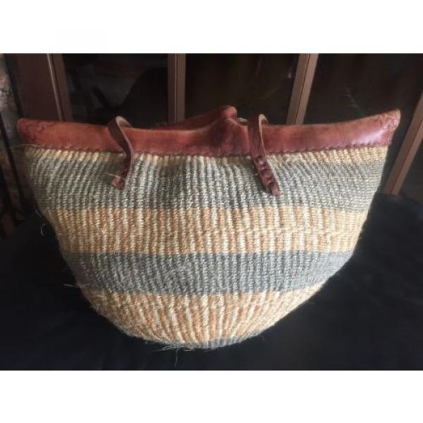 VTG Woven Sisal Jute Straw Market Bag Beach Tote Shopper Tooled Leather Stripe #1 image