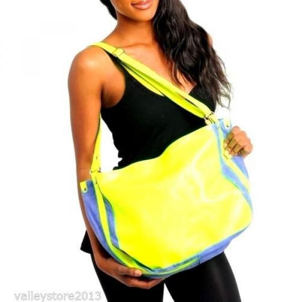 Large NEON Yellow Beach TOTE BAG Shoulder Travel Purse Blue denim NEW 17&#034; 12&#034; 5&#034; #1 image