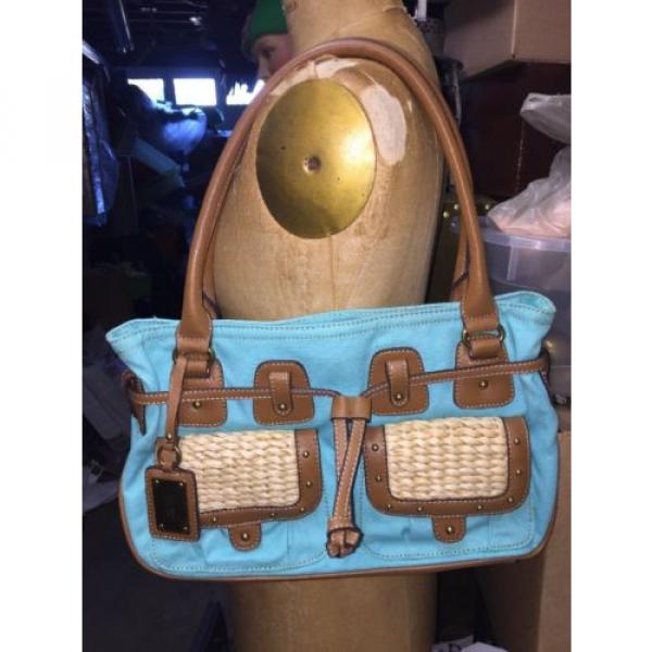 NINE WEST Shoulder Bag Handbag purse Tote Aqua Brown Corn Husk Pockets Beach! #1 image