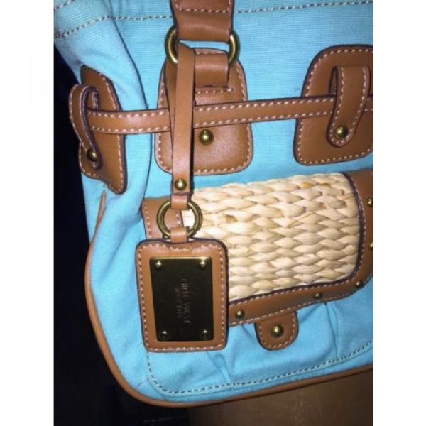 NINE WEST Shoulder Bag Handbag purse Tote Aqua Brown Corn Husk Pockets Beach! #3 image