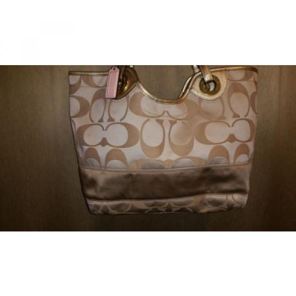 Coach Sateen Signature Stripe Beach Tote Bag F19565 Light Khaki Gold Purse #2 image