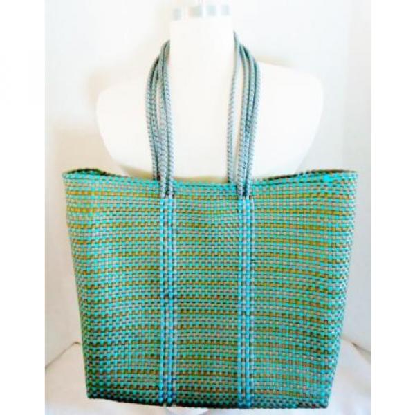 Woven Open Tote Carry-all Bag Handcrafted Turquoise Gold Travel Beach Office #1 image