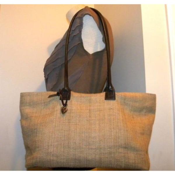 VINTAGE! H.L.H. Khaki/Brown Linen-Look &amp; Leather Summer/Handbag/Tote/Beachbag #1 image