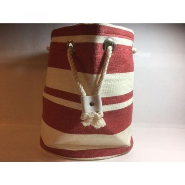 NEW! - BUCKET BAG - Red &amp; White Striped Drawstring Bucket Beach Bag Tote #2 image