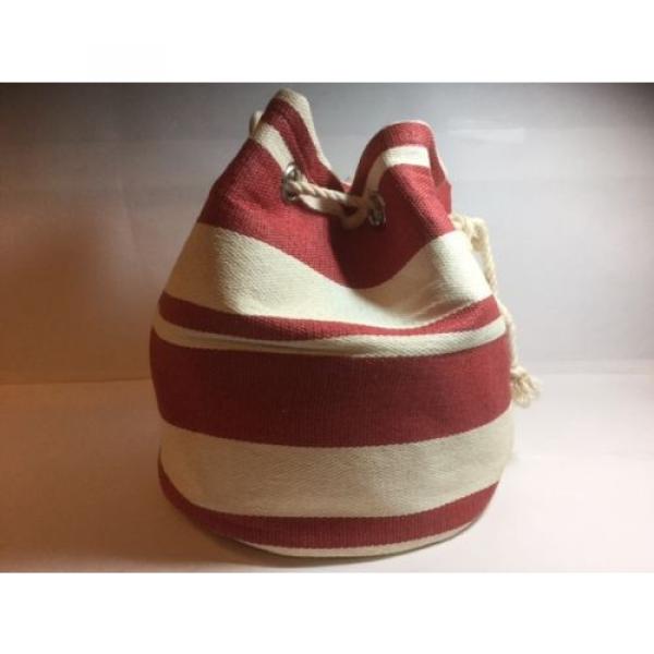 NEW! - BUCKET BAG - Red &amp; White Striped Drawstring Bucket Beach Bag Tote #5 image