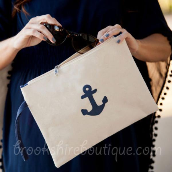 VIV &amp; LOU PERSONALIZED MONOGRAM CANVAS BEACH TOTE BAG or ZIPPERED POUCH w ANCHOR #3 image