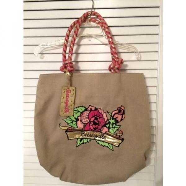 BETSEYVILLE BETSEY JOHNSON TAN ROSE BEACH TOTE PURSE BAG HANDBAG BRAIDED HANDLE #1 image