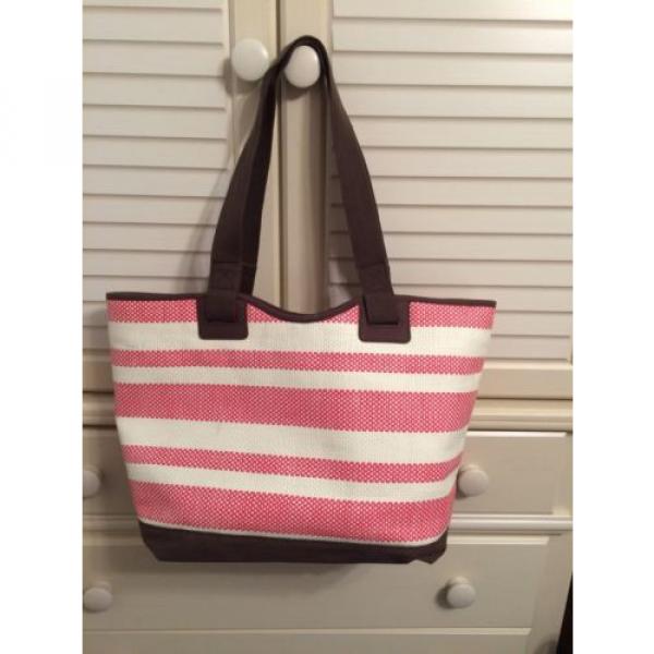 Thirty one 31 EURO STRAW TOTE CORAL / PINK STRIPE Beach Bag #1 image