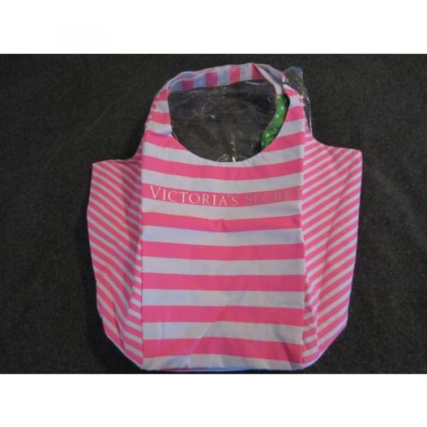 NEW Victoria&#039;s Secret Pink White Stripes Green REVERSIBLE Summer Beach Tote Bag #3 image