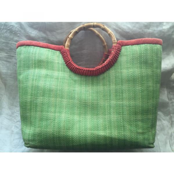 GREEN SUMMER SHOPPER BEACH BAG STRAW WELL MADE LARGE HANDBAG BANBOO HANDLES #1 image