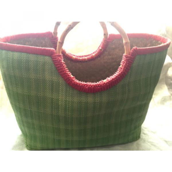 GREEN SUMMER SHOPPER BEACH BAG STRAW WELL MADE LARGE HANDBAG BANBOO HANDLES #2 image