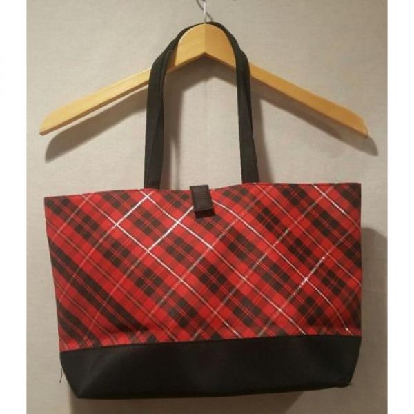 Lancome Red Black Silver Plaid Red Interior Tote Bag Makeup Beach Bag Shopper #1 image