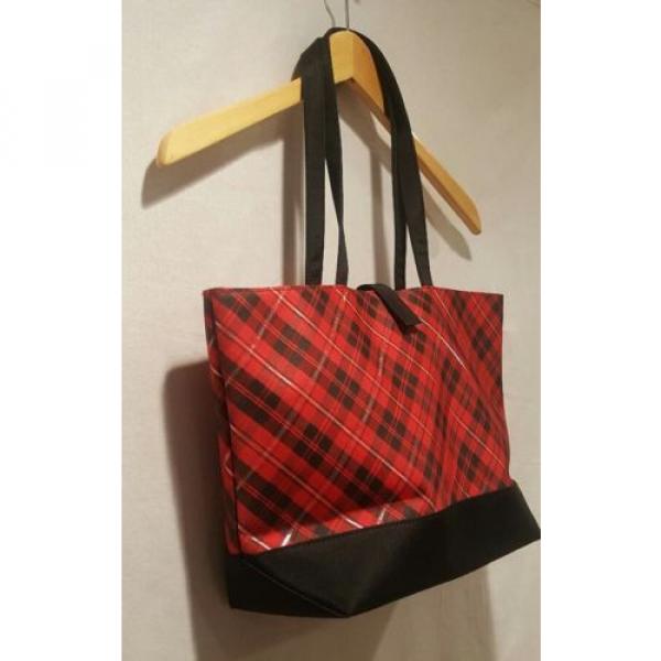 Lancome Red Black Silver Plaid Red Interior Tote Bag Makeup Beach Bag Shopper #2 image