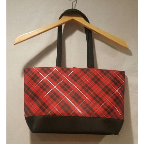 Lancome Red Black Silver Plaid Red Interior Tote Bag Makeup Beach Bag Shopper #3 image