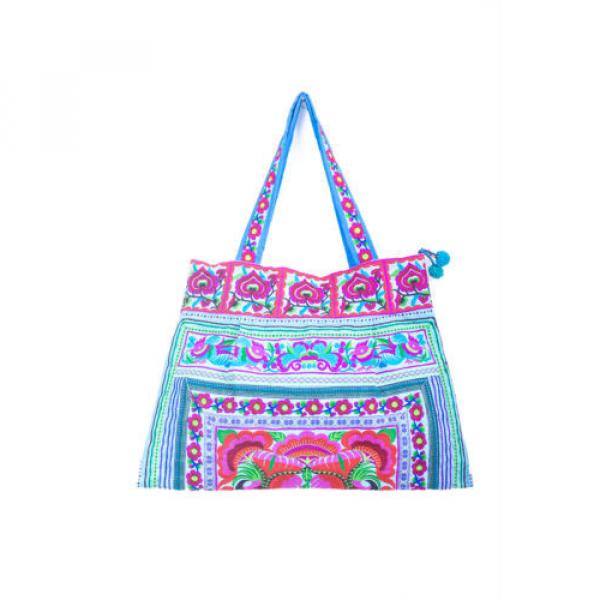 Blue Handmade Beach Tote Bag Hmong Embroidered Fabric Large Size from Thailand #2 image