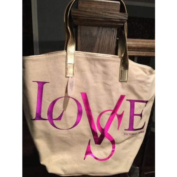 Victoria&#039;s Secret tote Bag love canvas pink purple beach shopper Metallic NWT #1 image