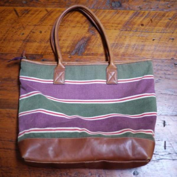 EDDIE BAUER Striped 100% Cotton Canvas Leather Handle Large Purse Beach Bag Tote #1 image