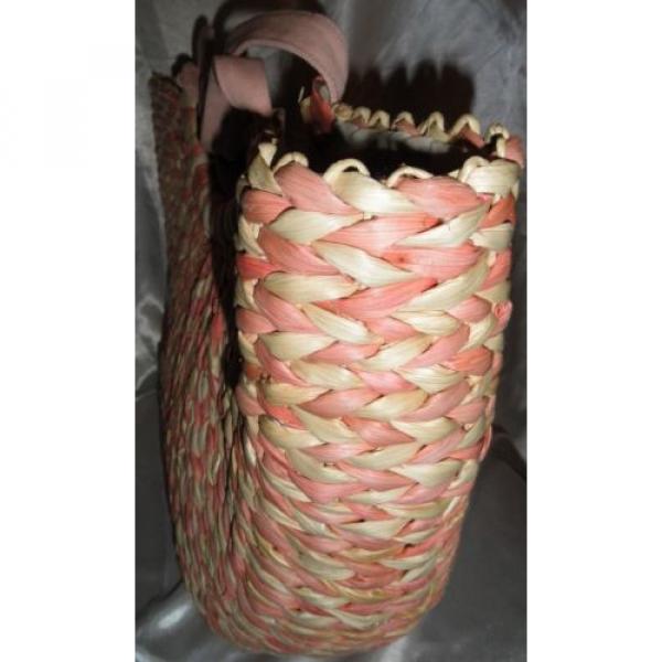 Vintage Large Pink Tan Woven Straw Canvas Handbag Bag Purse Tote Shopping Beach #2 image