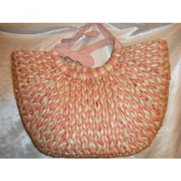 Vintage Large Pink Tan Woven Straw Canvas Handbag Bag Purse Tote Shopping Beach #4 image