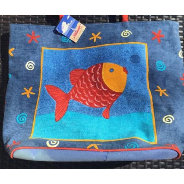 *NEW* Sun N&#039; Sand Hand Painted Fish Seashell Large Blue Red Beach Bag Tote #2 image