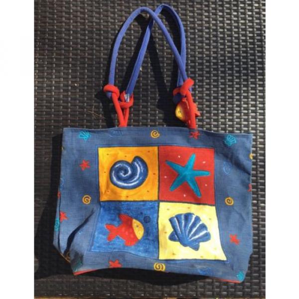 *NEW* Sun N&#039; Sand Hand Painted Fish Seashell Large Blue Red Beach Bag Tote #4 image