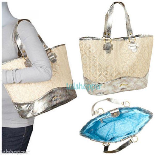 NWT XL GOTTEX Swimwear Silver Straw Tote Beach Shopper Faux Croco Bag Handbag #1 image