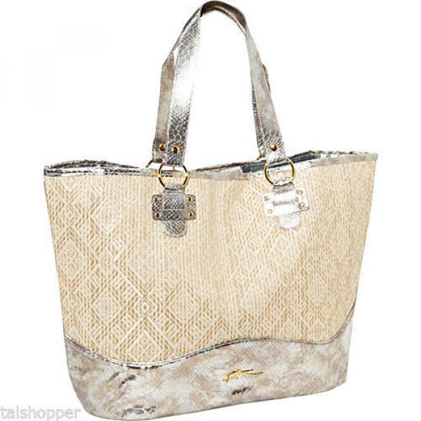 NWT XL GOTTEX Swimwear Silver Straw Tote Beach Shopper Faux Croco Bag Handbag #2 image