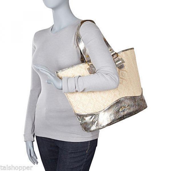 NWT XL GOTTEX Swimwear Silver Straw Tote Beach Shopper Faux Croco Bag Handbag #4 image