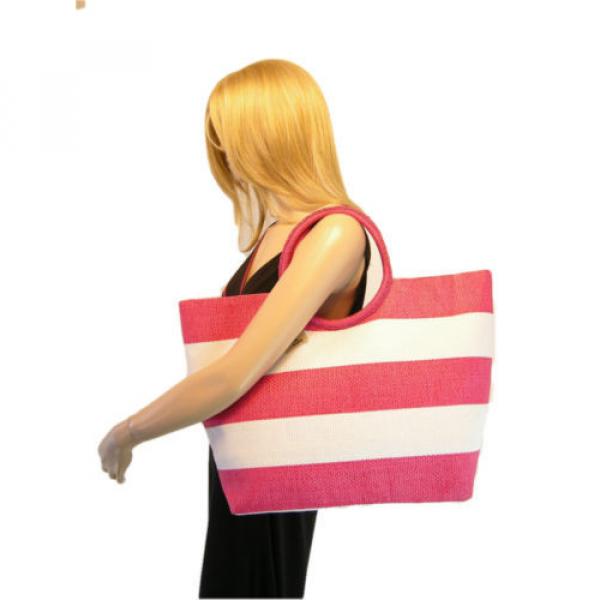 Magid XL Beach Tote Purse Hand Bag Pink White Striped Straw Ring Handle NWT #2 image