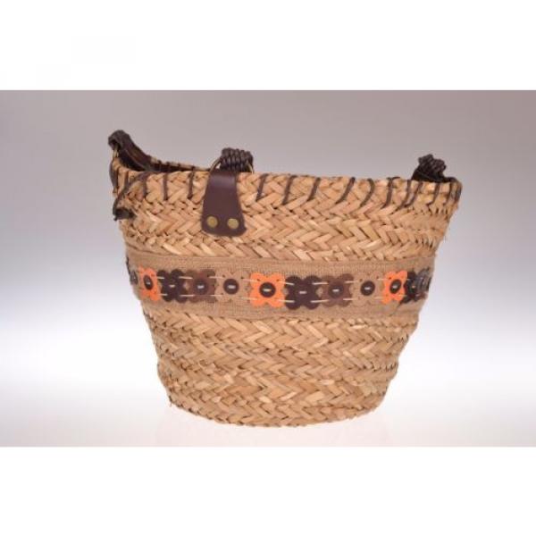 Large Round Weaved Straw Basket Bag Lined Beach Big Tote Purse Brown Orange Ties #2 image