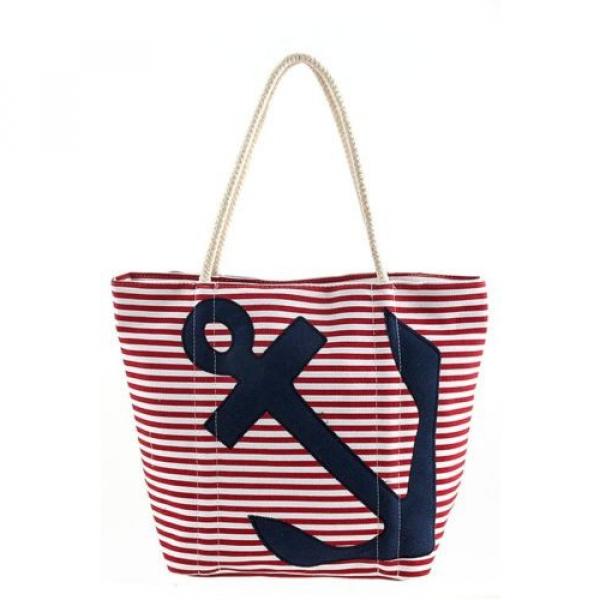 Designer Style Red and White Striped Print Anchor Stud Tote Beach Travel Bag #1 image