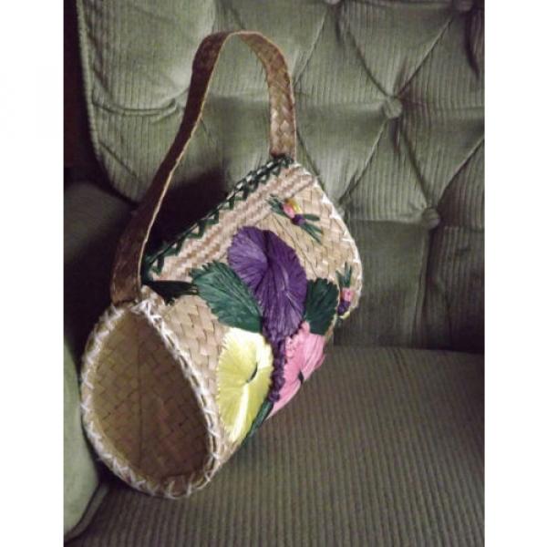 Natural Woven Straw Bag Colorful Vintage Beach Pink Flower Purse Handbag Tote #2 image