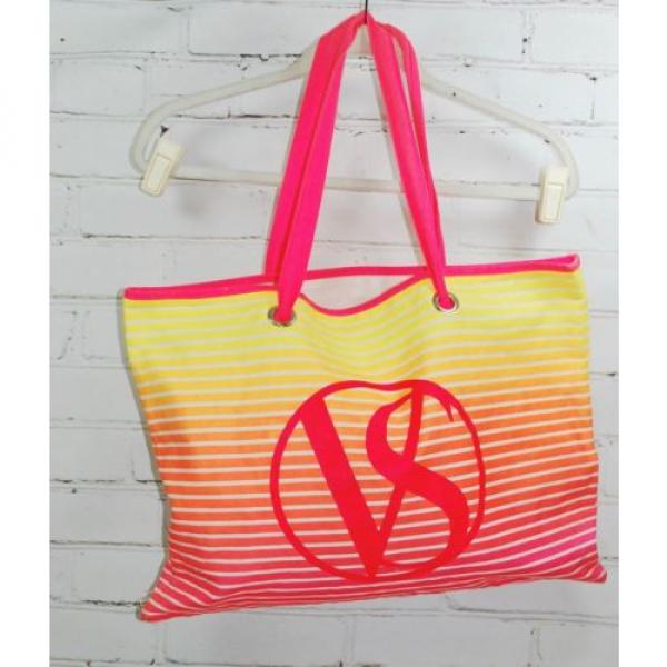 Victoria&#039;s Secret VS NEON Pink/Yellow Stripe Canvas Tote/Beach Shopper Tote Bag #1 image