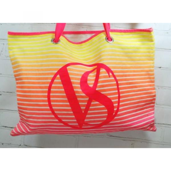 Victoria&#039;s Secret VS NEON Pink/Yellow Stripe Canvas Tote/Beach Shopper Tote Bag #2 image