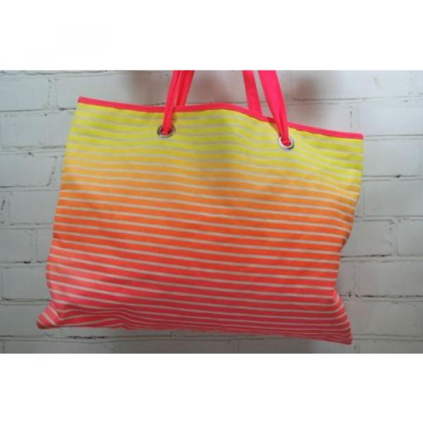 Victoria&#039;s Secret VS NEON Pink/Yellow Stripe Canvas Tote/Beach Shopper Tote Bag #5 image