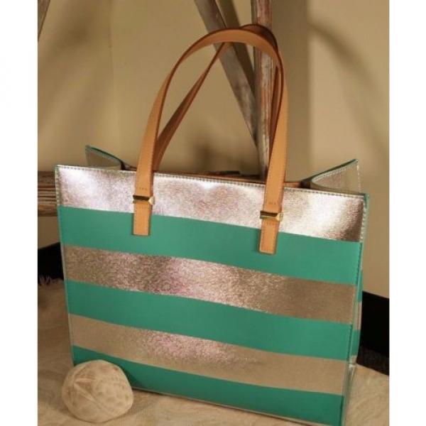 Neiman Marcus Teal Silver Strips Purse Beach Summer Tote Shoulder Bag Shopper #2 image