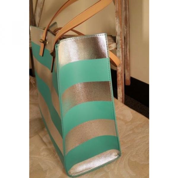 Neiman Marcus Teal Silver Strips Purse Beach Summer Tote Shoulder Bag Shopper #4 image