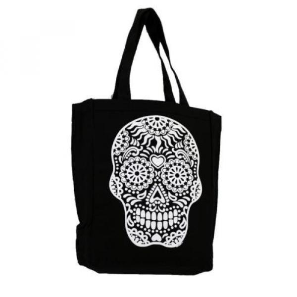 Black Tote Beach Bag Purse with White Day of the Dead Skull Cotton #1 image