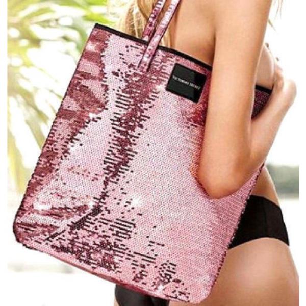 Pink Sequin Sparkle Glam Beach Tote Shopping Bag Victoria&#039;s Secret New 2016 15&#034; #1 image