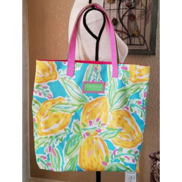 Lily Pulitzer Estee Lauder Beach Tote Bag w/ Handles Yellow Lemon Print Green #1 image