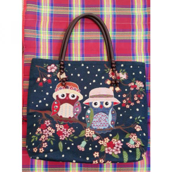 Owl Fitness Beach Swim Boho Tote Vintage Women Purse Handmade Cotton Sholder bag #2 image