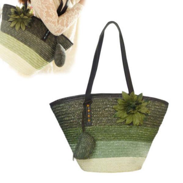 Woman Green Straw Flower Shoulder Bag w/ Shoulder Straps Summer Beach Tote Bag #1 image