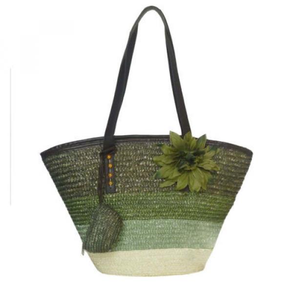 Woman Green Straw Flower Shoulder Bag w/ Shoulder Straps Summer Beach Tote Bag #2 image